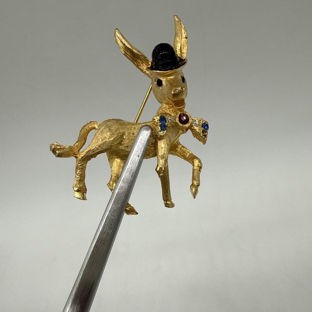 Mylu Gold Tone Donkey Brooch Pin Rhinestone Black Hat